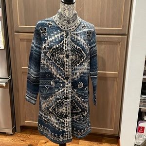 J Jill Blue Aztec Boho Long Cardigan Sweater Acrylic Wool Blend